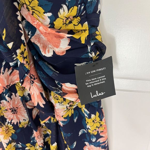 NEW Lulu’s Dress Womens Medium Stunning Soiree Blue Floral Ruched‎ Midi Slit - Picture 16 of 16